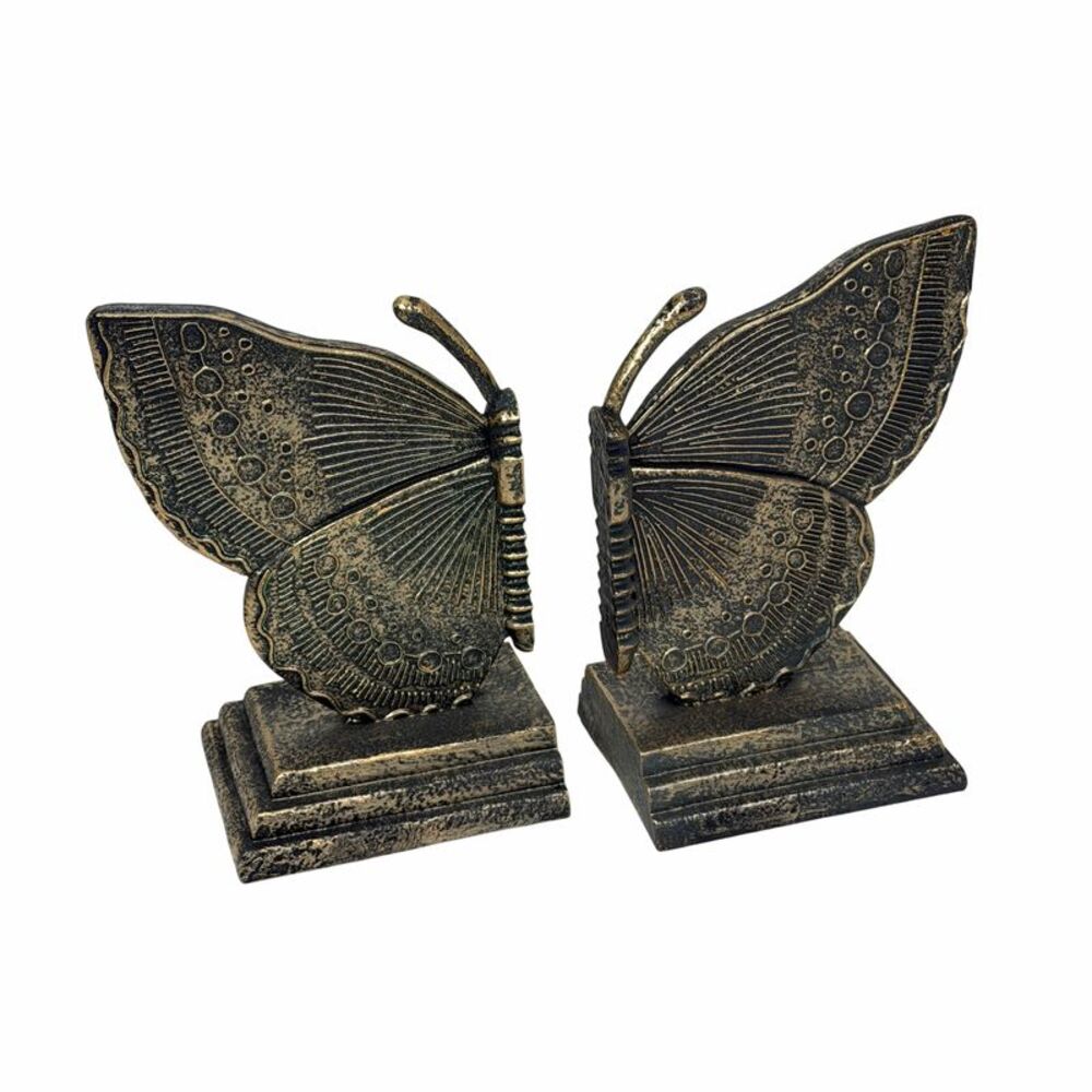 Antique Bronze Butterfly Bookends Set Resin Decorative Book Supports 10.25 Inch